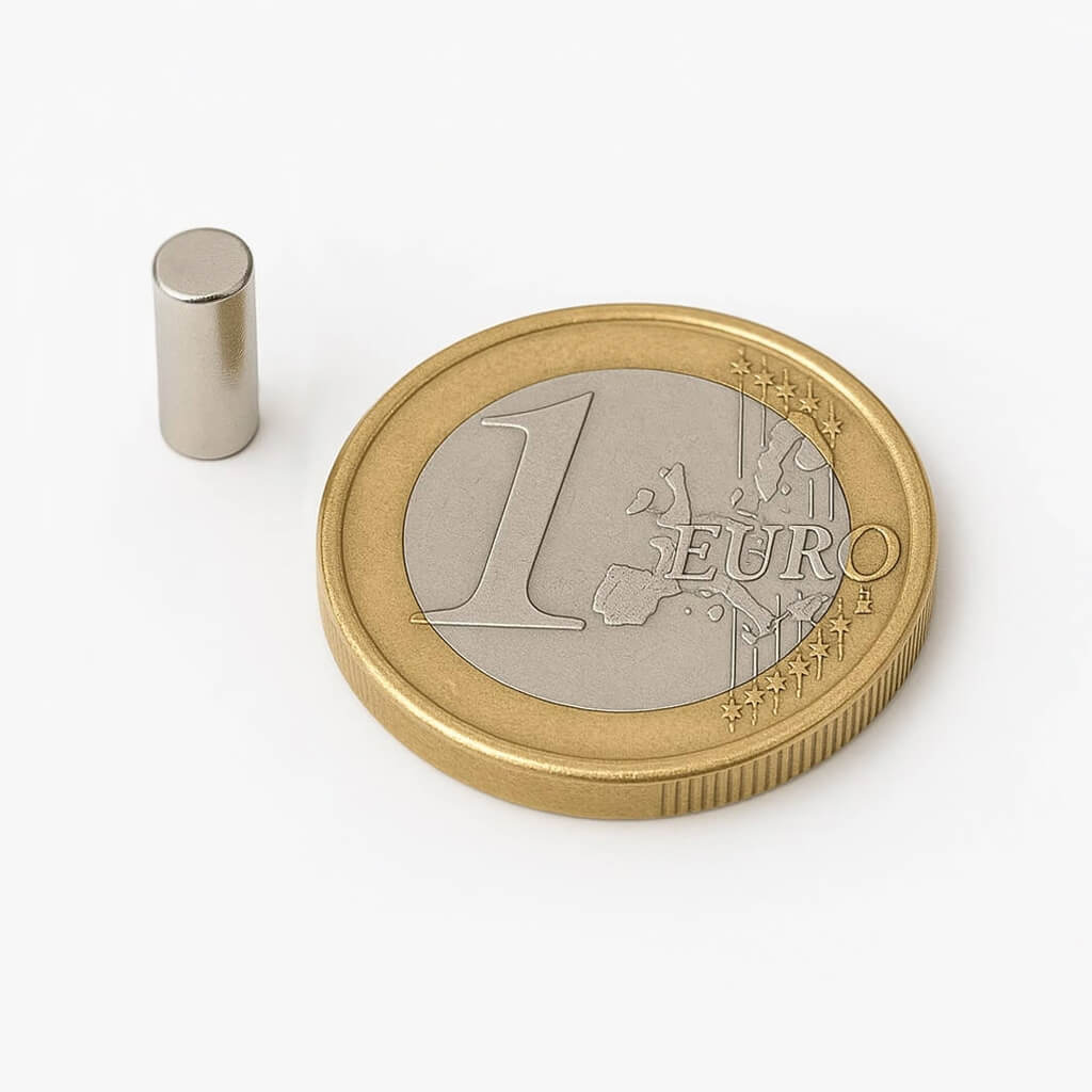 Aimant cylindrique Ø4 x 10mm nickelé, magnétisation diamétrale 46 Aimant cylindrique Ø4 x 10mm nickelé, magnétisation diamétrale